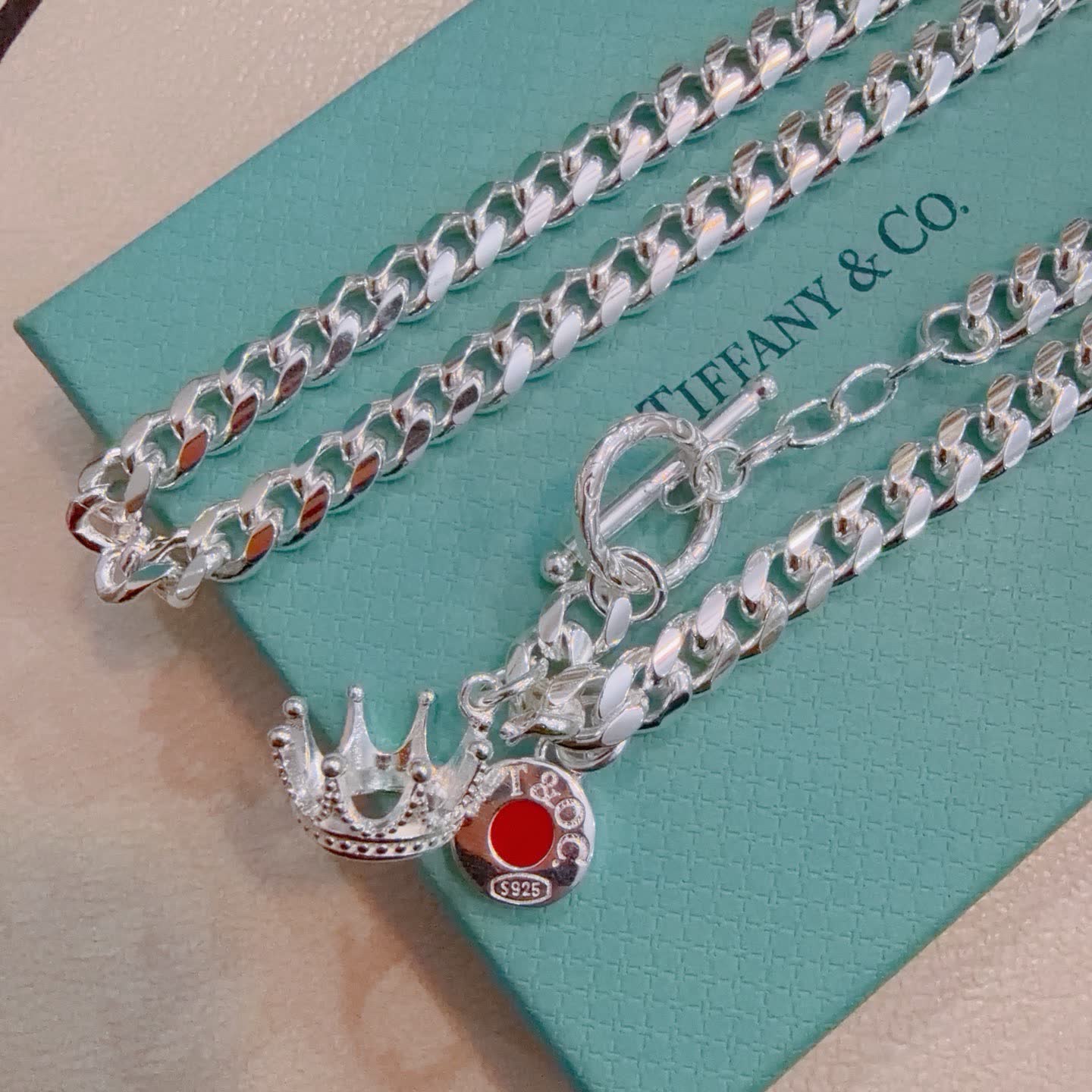Tiffany & Co. Sterling Silver Crown and Red Enamel Toggle Necklace